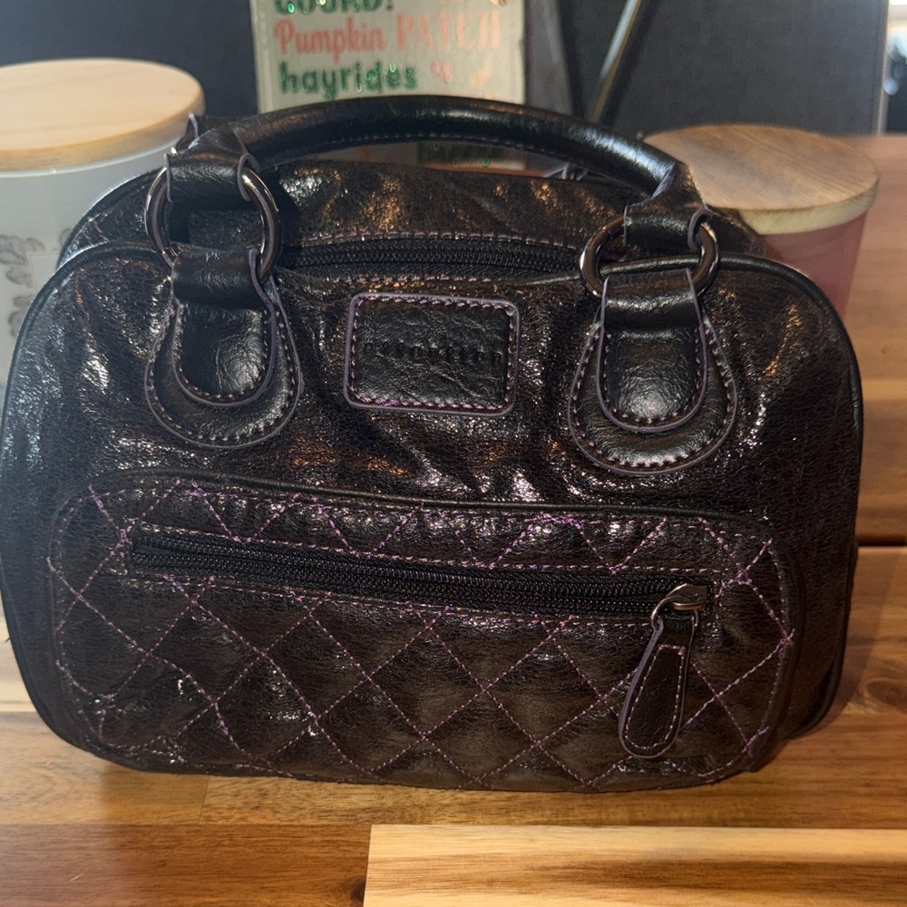 Attention Shiny Black Satchel with Purple Stitching